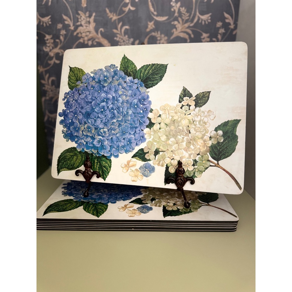 Set of 8 Floral Hydrangea Cork Backed Placemats Blue White Botanical Cottagecore